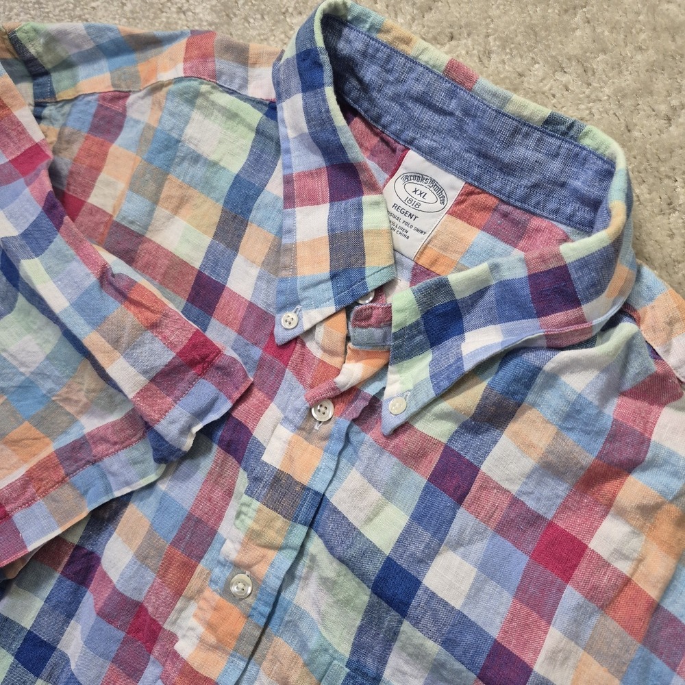 Brooks Brothers Linen Shirt Mens 2XL Blue Button Down Coastal Camp Dad Vacation